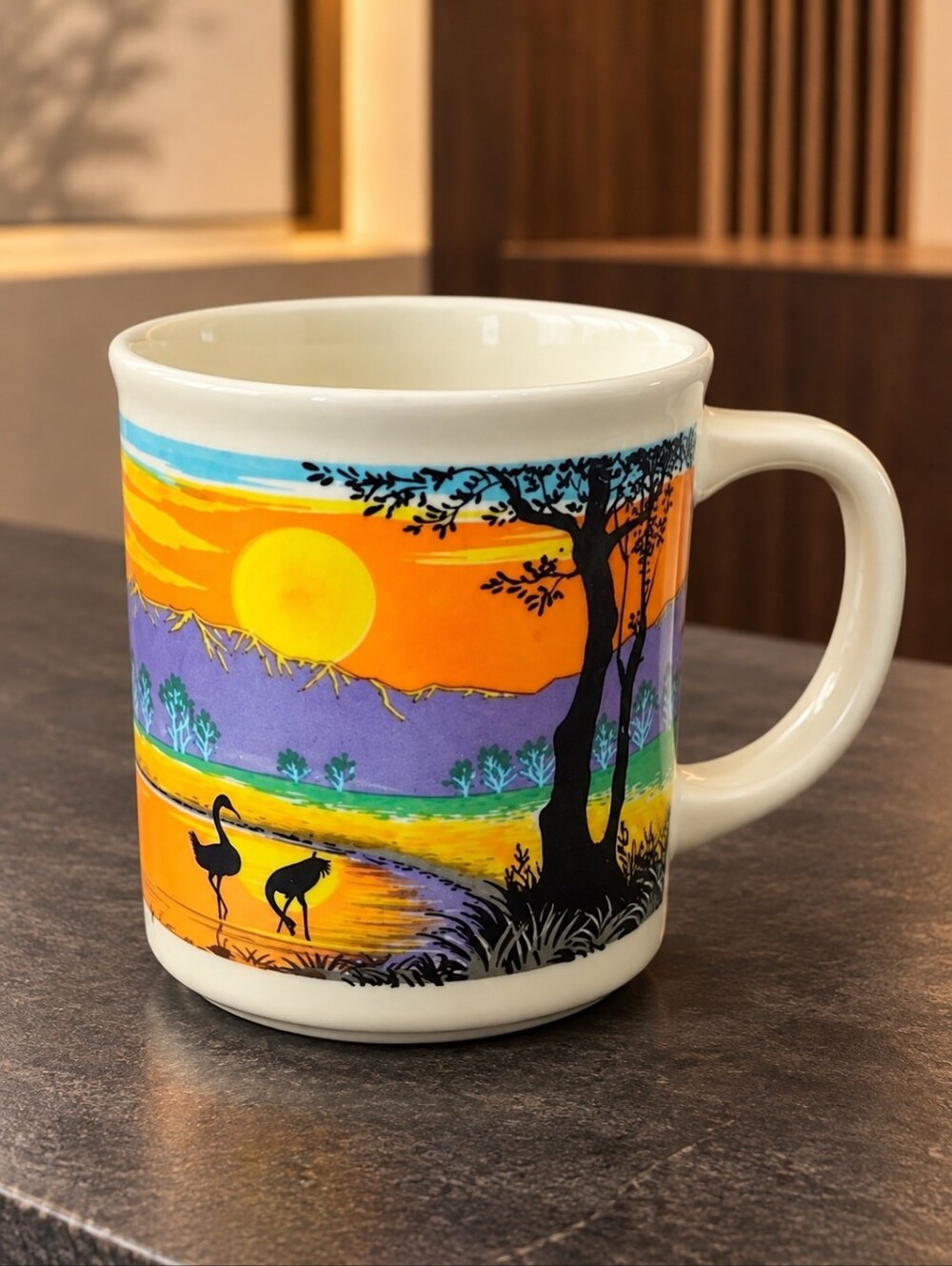 Vintage Japan Sunset Crane Scenic Landscape Ceramic Coffee Mug 10 Oz
